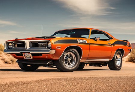 Creates an ultra-realistic, highly detailed image of a 1970 Plymouth AAR 'cuda car. (Interstate 76 Picard Piranha) orange with black stripes on the hood. The car has large caliber machine guns on the roof. Image captured on a desert road, natural light. Image layered in motion with motion blur.