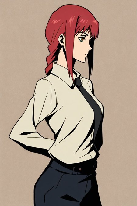 <lora:mak1ma0XL_Pony_v1:0.6> , mak1ma0, makima, red hair, long hair, ringed eyes, braid, white collared shirt,black necktie, black pants, 1girl, solo, alone, <lora:samurai_champloo_opening_style_illustriousXL:0.6>, samurai_champloo_op_style, masterpiece, highres