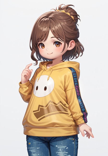 gentlebean_ffxiv, lalafell, chibi, 1girl, solo, hood, hoodie, yellow hoodie, hood down, denim pants, smile, white background, medium length hair, updo, brown hair,  brown eyes, mature, voluptuous, simple background, BREAK PonyXLV6_Scores