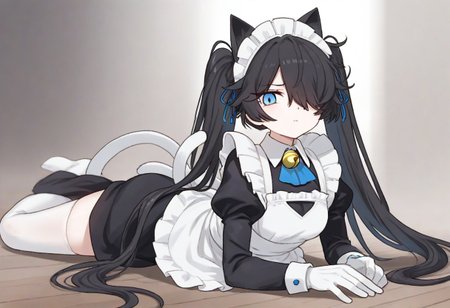 (Maid-kasli), solo, white gloves, dress, hair over one eye, maid apron, blue eyes, twintails, cat ears, maid headdress, maid, gloves, 1girl, apron, juliet sleeves, long sleeves, long hair, black hair, animal ears, bell,(Fall down),