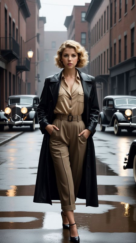 Dee_Glover, IllusP0s, (style of Kentaro Miura:0.8), cleavage focus, dynamic action pose, Magical effects, (sharp focus moody color photo of irish adult woman in a 1930s noir gangster suit, intense situation:1.03). ("ODY" sign:1.15). sprinkling rain, stands in alley, (style of Gregory Crewdson:1.15), gangster film aesthetic, dark moody cinematography, vintage American cars, rain-soaked streets, 1930s clothes, prohibition-era motifs, moody atmospheric settings, a street scene with vintage cars parked along a cobblestone road, adult woman dressed in trench coat over pant suit, aura of suspense and intrigue, noir-inspired lighting casting long shadows, dimly lit alleyways with flickering street lamps, a speakeasy entrance in the background, Dust Bowl influences with a gritty and somber atmosphere, overcast sky with drizzling rain, reflections on the wet pavement, a sense of mystery and tension in the air, capturing the essence of the Great Depression era. (skinny waist, sexy feminine hips, adult European adult woman:1.155), (full body dynamic pose, full length, wide shot, entire person, standing, head to toe, long shot, distant view), (chin-length short hair, bleached blonde curly hair, center part:1.153), (24 years old feminine, European adult woman:1.22), lightly freckled, black leather oxfords, classic round toe, timeless style, classic mary janes, Stable_Yogis_Illustrious_Positives