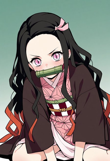masterpiece, best quality, source_anime, nezuko kamado, black hair, forehead, hair ribbon, long hair, multicolored hair, pink eyes, orange hair, slit pupils, wavy hair, two-tone hair, bamboo, bit gag, gag, gagged, asa no ha \(pattern\), checkered sash, haori, japanese clothes, kimono, long sleeves, obi, pink kimono, sash, wariza, wide sleeves, leaning forward, close up, blush, detailed eyes, eye focus