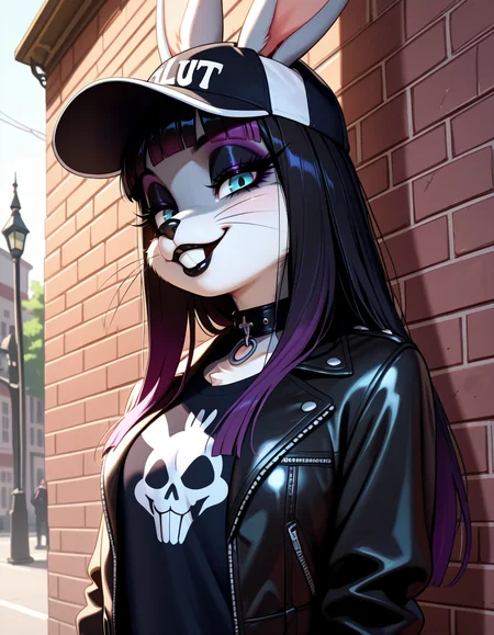 masterpiece, best quality, very aesthetic, absurdres,
outdoors, goth fashion, 
upper body, posing, standing,  headshot,
seductive smile, parted lips, long eyelashes,
<lora:Goth_Bugs_Bunny_v01_NAIXL:1>
G07h88,1girl,solo,furry,furry female,rabbit girl,rabbit ears,long hair,multicolored hair,black hair,purple hair,blunt bangs,rabbit ears,piercing,blue eyes,makeup,eyeshadow,snout,animal nose,whiskers,buck teeth,collar,body fur,two-tone fur,grey fur,white fur,
baseball cap, black lips, t-shirt, leather jacket,
