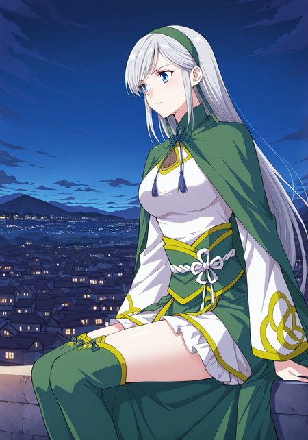 <lora:Han_Xue__Battle_Through_the_Heavens__Illustrious:1>
1girl, solo, silver hair, long hair, straight hair, hairband, blue eyes, anime style, elegant, 
fantasy outfit, eastern fantasy, green and white outfit, green cape, decorated cape, intricate design, tassel accessories, bow ribbon on chest, green obi belt, layered skirt, open chest cutout, long sleeves, green thigh-high boots,
score_9, score_8_up, score_7_up, score_6_up, source_anime, masterpiece, best quality, absurdres, highres, newest, anime coloring <break>  1girl, solo, sitting, on wall, from side, town, night sky, cloud