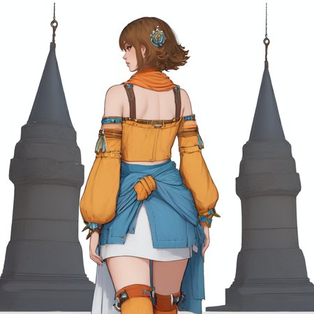 <lora:kisalaRogueGalaxy:0.8> kisala, brown hair, midriff, navel, short hair, spiky hair, brown hair, brown eyes, thin eyebrows, yellow top, crop top, detached sleeves, leather straps, yellow collar, short skirt, light blue skirt, skirt slits, scarf around hips, scarf around waist, waist cloth, asymmetrical legwear, light brown socks, ankle boots, brown shoes, hair decorations, silver ornaments, jewelry, from behind, looking back, solo, absurdres, [perfect shadows and lighting], detailed background, incredible high-key lighting, masterpiece, high quality, detailed, extremely detailed, ambient soft lighting, 4K