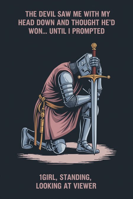 A meme format with a somber illustration of a Knight Templar down on one knee and leaning on his sword while looking downwards. The background is dark. The top text says "THE DEVIL SAW ME WITH MY HEAD DOWN AND THOUGHT HE'D WON... UNTIL I PROMPTED". The bottom text says "1GIRL, STANDING, LOOKING AT VIEWER".