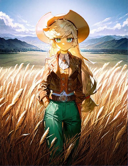 applejack , 1girl, blonde_hair , cloud ,colored_skin, furry, furry_female, long_hair,orange_skin ,outdoors, personification , solo, , wheat_field,Straw ,dot_nose, freckles, green_eyes , medium breast,
green_pants, jacket,long_hair, official_alternate_costume, open_jacket, pants, single_braid, yellow_shirt,adapted_costume , braid ,brooch ,brown_belt, brown_hat, brown_jacket, buttons, cowboy_hat ,detached_collar, knee_boots,  windy, hand_on_own_hat ,holding own hat, looking at viewer,
rella, rolua,  quasarcake:0.8, negative space,  very awa,
masterpiece, best quality, Good quality, very aesthetic, absurdres, newest, (Perfect details),
<lora:ponyv5_noobV065S_1_adamW:0.8>, <lora:illustrious_noobai_epsilon_pred_1_best_quality_v1:0.7> ,<lora:illustrious_noobai_epsilon_pred_11_very_aesthetic_v1:0.7> ,<lora:illustrious_noobai_epsilon_pred_1_masterpieces_v1:0.7> , <lora:Straw_thread:1>