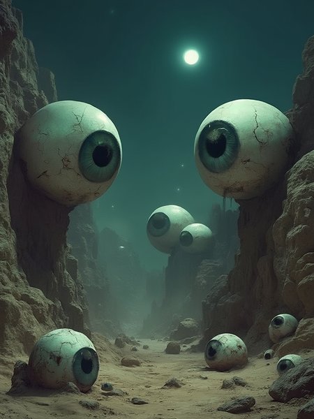  a surreal and eerie scene featuring massive, lifelike eyeballs embedded in a rocky, desolate landscape. These gigantic eyes are partially cracked, giving them a weathered and ancient appearance. They are scattered across the ground and protruding from cliffs, as if they are part of the natural terrain. Some eyes are set deep into the rock, while others rest on the surface, with smaller ones placed around the foreground.

The sky is dark, possibly set at dusk or night, with a single bright star or celestial object shining above, casting an otherworldly glow on the scene. Desert in the background, enhancing the feeling of isolation and mystery. The overall mood is unsettling, with the enormous eyes giving the impression of constant surveillance or awareness, creating an atmosphere of surreal observation.

The image combines natural and unnatural elements, blending the organic (eyes) with the harsh, craggy environment, evoking themes of surveillance, fear, or perhaps the boundaries between reality and imagination. The setting feels like an alien world or a dreamlike, dystopian realm.