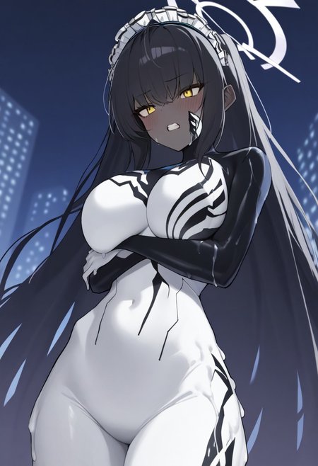 Masterpiece, best quality, 1girl, cowboy shot, Karin_(Blue_Archive), (very dark skin, halo, black hair, very long hair), yellow eyes, long hair in wind, blush, clentched teeth, maid headdress,black sleeves, large breasts, covered navel, white bodysuit, skin tight, White detailed bodysuit, spider print, Venom symbol on breasts,  Symbiote, white symbiote suit, white tentacles, slime(substance), white slime, transformation, symbiote covered half face, bare face half exposed, self hug, night, garrage