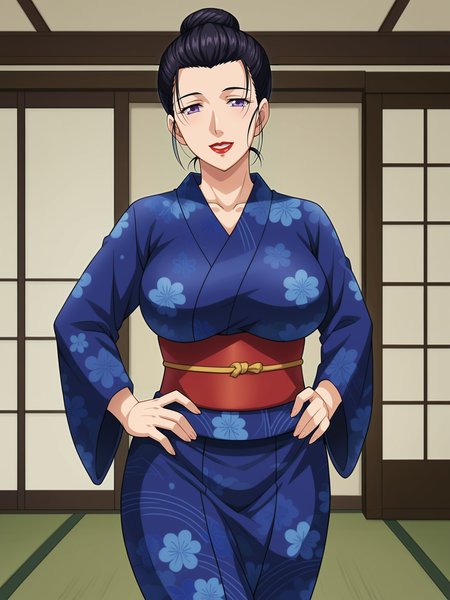 <lora:Shizue-Enbi:0.7>,Shizue,mature female,1girl,solo,black hair,lipstick,purple eyes,hair bun,large breasts,kimono,hands on own hips,looking at viewer,indoors,smile