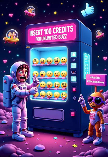 A hilariously over-the-top scene of a galactic vending machine in the middle of a starry void, labeled with the glowing neon text: "INSERT 100 CREDITS FOR UNLIMITED BUZZ!" The vending machine has robotic arms handing out social media "likes" in the form of glowing, animated emojis. A quirky astronaut, with a bewildered expression, is caught mid-action trying to shake the machine, as cosmic confetti bursts out around him. Floating beside him is a sassy alien wearing oversized sunglasses and holding a sign that reads, "Buzz Ain't Free, Honey!"
The entire scene is lit with chaotic neon colors—purples, blues, and pinks—giving off a vaporwave-meets-intergalactic-comedy vibe. Add cheeky details like floating hashtags (#BuzzGoals, #100CreditsClub) and small hovering spaceships filled with cheering crowds throwing "thumbs-up" confetti.