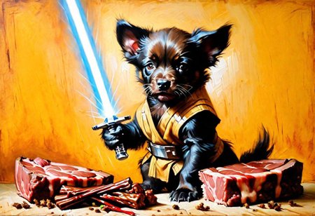 puppy wolverine Obi-Wan, grilling beef on light saber, 
Oil Painting, 
(Renaissance Paintings, Renaissance style, beautiful, painterly, detailed, textural, artistic),  (((intricate details, highly detailed, ultra-detailed, absurdres))), (unreal engine, octane rendering, Anti-Aliasing, sharp focus, natural lighting, high saturation, high contrast, vivid, vibrant, studio lighting, best texture quality), beautiful detailed scenery,