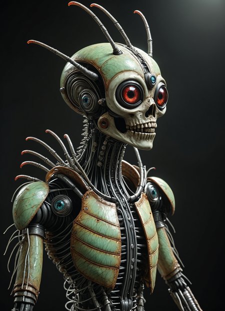 robot with a metal beetle mask, realistically scary eyes, wires creating a long neck, body covered in Exoskeleton, sharp metal Feathered Appendages, in a dark room; realistic, in 4k, horrifying, and nightmare fuel. <lora:TheWeirdies:0.75> TheWeirdies <lora:add-detail-xl:1> , subsurface scattering, Photorealistic, Hyperrealistic, analog style, realistic, film photography, soft lighting, heavy shadow
