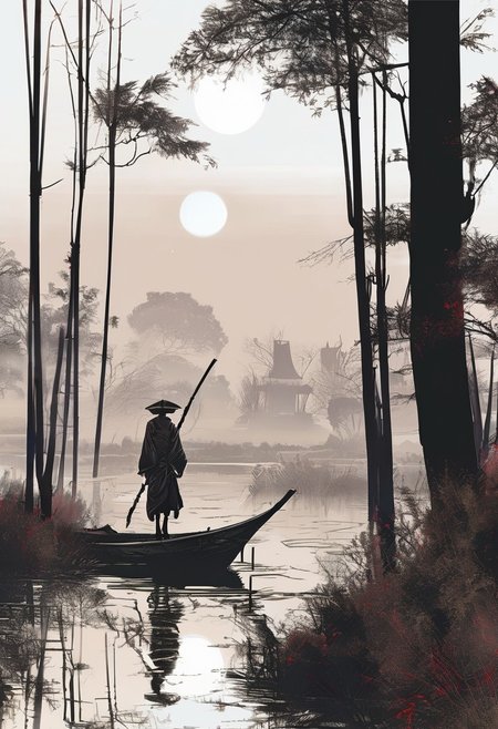 linquivera,  Ink illustration, (anime:0.5), brown tones, aged black red paper,Acer japonicum, inkpunk, moonlight,surreal, a ghost standing on a boat in swampy wetlands, (at a distance), Will-o'-the-wisp, The city is in the background,moonlit, lonely, solitude, windy, tall trees, samurai sword fight,willows, willowy,  OverallDetail, bamboo grove,extremely detailed, UHD,(long exposure , dystopian but extremely beautiful:1.4),<lora:- SDXL - letitflrsh_let_it_flourish_V1.0:0.8> ,<lora:Cute_Collectible:1>, <lora:XL_boss_battle:0.6>  <lora:add-detail-xl:1>,  <lora:Concept Art Twilight Style SDXL_LoRA_Pony Diffusion V6 XL:1>,  <lora:MJ52:1>