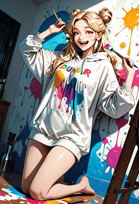 masterpiece, best quality, source_cartoon, 1girl, woman, Bunij, blonde hair, hair buns, brown eyes, large oversized hoodie, hoodie dress, bare legs, bare feet, happy, laughing, Expressiveh, holding paint brush, painting walls, colorfull paint everywhere, dynamic pose, dynamic angle, detailed background, empty room, white walls, colorfull paint splashes on walls, sunny day, highly detailed, zPDXLpg