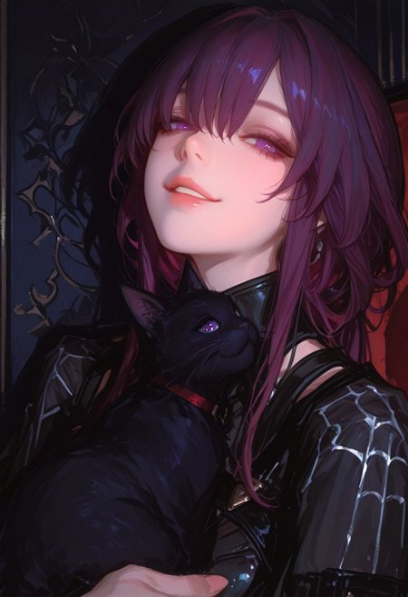 (
xbsx,
:1.25), (wlop, solipsist, xilmo:0.8), (realistic:0.7),
1girl, kafka \(honkai: star rail\), purple hair, purple eyes, black cat, animal, smile, looking at viewer, long hair, upper body, holding animal, hair between eyes, parted lips, 
 newest, very awa, masterpiece, highres, absurdres, year 2024,