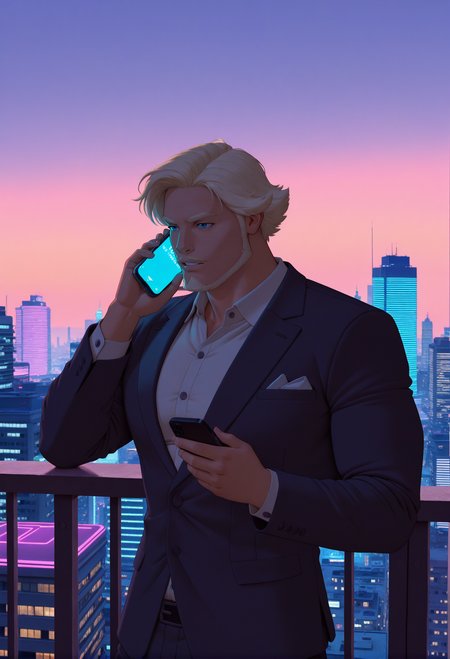 neonpunk style concept art masterpiece, best quality, absurdres
 <lora:dobri:0.9>dobriba, 1boy, male focus, solo, facial hair, blue eyes, blonde hair, mustache, beard,  short hair, breastplate, office suit, city, balcony, talking on the phone, muscular, holding the phone, from the side, evening  <lora:noobai_vpred_1_masterpieces_v23:0.8> masterpiece, best quality, very aesthetic <lora:NOOB_vp1_detailer_by_volnovik_v1:1> . digital artwork, illustrative, painterly, matte painting, highly detailed . cyberpunk, vaporwave, neon, vibes, vibrant, stunningly beautiful, crisp, detailed, sleek, ultramodern, magenta highlights, dark purple shadows, high contrast, cinematic, ultra detailed, intricate, professional