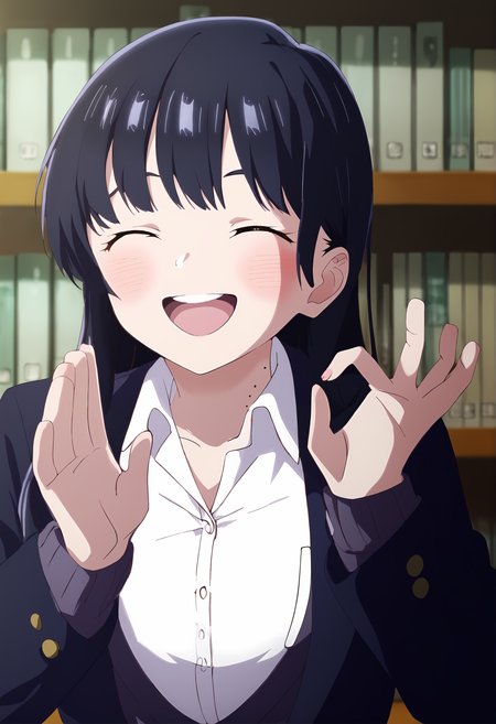 score_9, score_8_up, score_7_up, source_anime,  in a library, uncensored, 
<lora:Anna_Yamada:1>18 year old girl, Anna Yamada, long hair, black hair, brown eyes, mole on neck, bangs, large breasts, upper teeth only, mouth open, blushing, :D, 
happy girl, facing the viewer, big smile, mouth open, upper body, directly facing the viewer,
school uniform, blazer, white shirt, collared shirt, pleated skirt, 
 <lora:PachaMeme_pdxl_Incrs_v1:1> pachameme, hands up, ok sign, closed eyes
