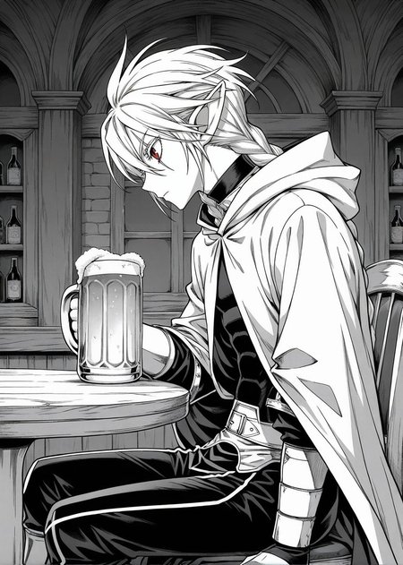 masterpiece, best quality, arms at sides, male focus, 1boy, male, indoors, bar background, holding jug, drinking beer, sitting on chair, table, facing to the side, solo, (monochrome, manga style:1.2), 
<lora:Koinzell:0.8>, Koinz0l, red eyes, platinum blonde hair, scar across eye, pointy ears, twin braid, platinum blonde eyelashes, cape, hooded cloak,