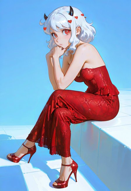 1girl,solo,looking at viewer,ilya kuvshinov, lcm dress, red dress, bare shoulders, modeus_(helltaker),full body,