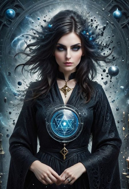 Surreal Alchemist: An abstract woman's portrait of a master alchemist, with his face surrounded by intricate alchemical symbols and surreal elements. The artist use of distortion and surreal imagery captures the character's fascination with the esoteric and unknown, BadDream, ral-dissolve,