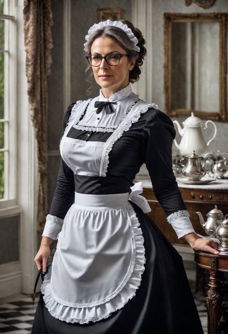 full body shot of a beautiful 45 year old woman, medium length brown hair streaked with gray, gray eyes, glasses, square face, rounded cheeks, hourglass figure, slightly overweight, victorian maid, standing in a victorian parlor, serving tea