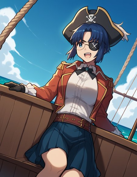 score_9, score_8_up, score_7_up, source_anime, <lora:carnivalphantasm-ciel-ova-ponyxl-lora-nochekaiser:1>, ciel, short hair, blue hair, blue eyes, glasses, ciel (tsukihime), large breasts,, <lora:pirate-costume-ponyxl-lora-nochekaiser:1>, pirate costume, pirate hat, skirt, gloves, jacket, shirt, eyepatch,, blue sky, sea, ocean, pirate ship, treasure, gold, smug, open mouth, from below, sitting,, , dutch angle, cowboy shot
