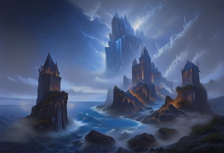 masterpiece,best quality,amazing quality,very aesthetic,high resolution,ultra-detailed,absurdres,newest, outdoors, mw01out, mwl01, castle, castle on the edge of a cliff, white walls, purple turrets, nighttime, night, thunderstorm in the distance, thunderclouds, overlooking the ocean, stormy
