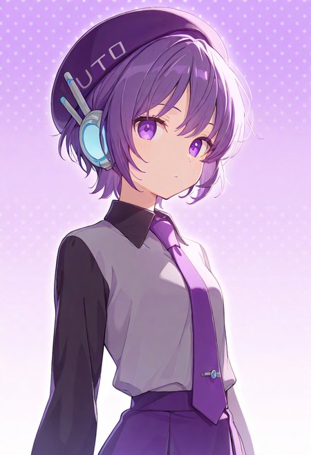<lora:defoko_Illustrious_Mlaofmd-10:1.0>, masterpiece, best quality, high quality, depth of field, ambient silhouette, backlighting, 1girl, defoko, purple hair, purple beret, purple eyes, grey headset, grey shirt, black sleeves, purple necktie, purple skirt, purple boots, upper body, polka dot background, purple background, looking at viewer,