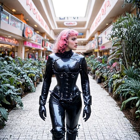 1girl, asian, pink hair, pretty, adult, glossy black catsuit, HW_corset, latex gloves, leggings, covered in latex, thigh high boots, runing and shooting five-seven, FN Five-seveN, action shot, outdoors, fashion mall, indoor plants, escalator, food court depth of field, highly detailed, ArsMovieStill, 80s Fantasy Movie Still