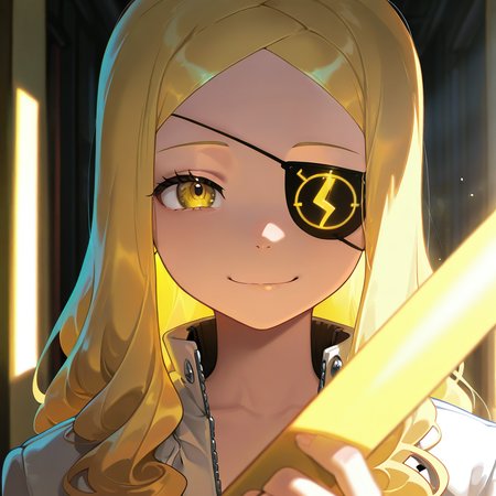 masterpiece, best quality, amazing quality, very aesthetic, absurdres,  newest, volumetric lighting,
souleaterstyle,,Marie,
1girl,solo,long hair,looking at viewer,smile,blonde hair,holding,brown eyes,closed mouth,jacket,yellow eyes,eyepatch,portrait,
,masterpiece, best quality, amazing quality, very aesthetic, absurdres,  newest, volumetric lighting,
, <lora:soul_eater_illustrious:0.8>,