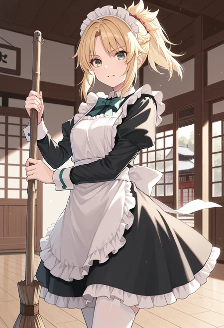 masterpiece, best quality, 1girl, solo, blonde hair, ponytail, dfMd, maid, maid headdress, maid apron, long sleeves, d0j0, indoors, sliding doors, sunlight, broom, holding broom, sweeping, green eyes, bowtie, puffy sleeves, wooden floor, east asian architecture, looking at viewer, white thighhighs, serious, parted lips, smile