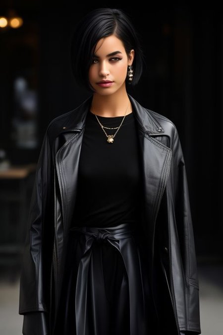 masterpiece, best quality, ultra detailed, bellissima, 1girl, she is wearing with a black collared shirt , black pants with a white coat. Armani style, very short hair, black hair, cowboy shot