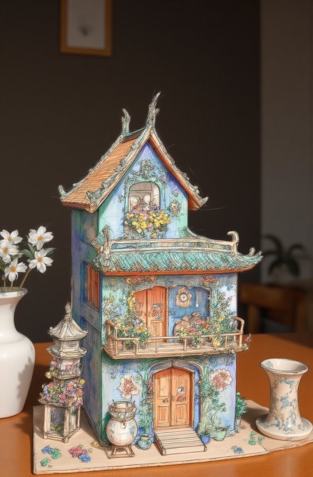 Sharp image of a rough sketch, rendered in vibrant multi colour ballpoint pen, capturing the adorable features of a miniature model of a traditional Chinese house. The house is made of wood and is intricately detailed with realistic features such as the roof, walls, and windows. The exterior of the house is painted in a combination of blue and green colors, with a large balcony on the second floor and a small garden on the third floor. The balcony is decorated with colorful flowers and plants, and there is a small temple-like structure on the left side of the image.
The house is placed on a wooden table, with two vases with white flowers on either side. The background is a dark brown wall with a framed picture hanging on it. The overall atmosphere of the model is peaceful and serene.  p3nsk, <lora:p3nsk:1>