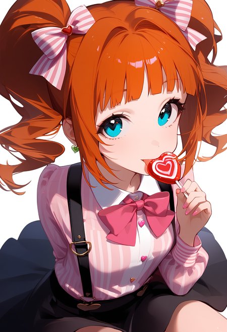 1girl,
takatsuki yayoi,


solo, twintails, tongue out, closed mouth, pink nails, alternate hairstyle, bow, earrings, cowboy shot, striped shirt, hair bow, jewelry, lollipop, shirt, aqua eyes, shaped lollipop, simple background, skirt, orange hair, looking at viewer, multicolored bow, food, pink bow, tongue, pink shirt, heart, candy, suspender skirt, heart-shaped lollipop, suspenders, white background, long hair, striped clothes,

sfw
<lora:a31_char_new_takatsuki_yayoi:1> <lora:a31_style_koni-000010:0.8>