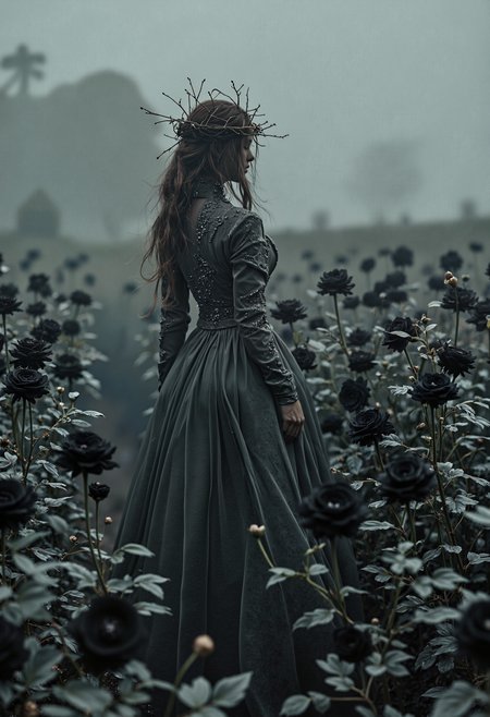 A translucent woman with a crown of thorns, walking through a field of black roses, each step causing the flowers to wilt and die.,  <lora:models\Flux\midjourney_whisper_flux_lora_v01:0.85>,, <lora:models\Flux\FLUX.1-Turbo-Alpha>,
