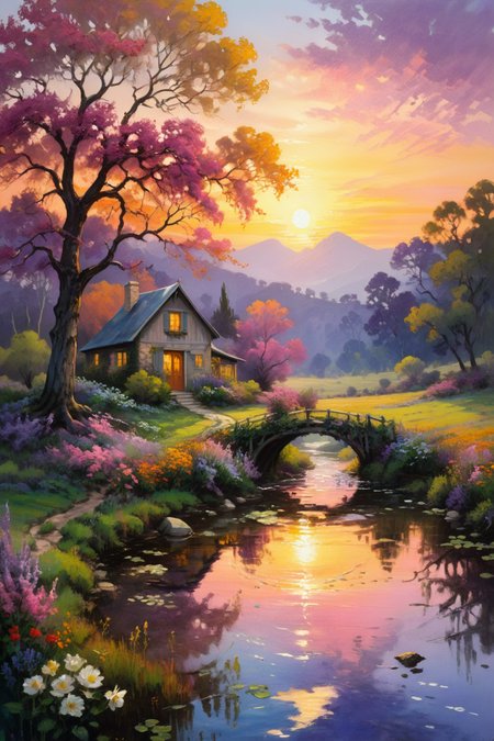 A breathtaking oil painting in the style of Claude Monet, capturing the serene beauty of nature. The scene features a charming cottage nestled among tall, majestic trees. A gentle stream meanders through the landscape, its crystal-clear waters reflecting the vibrant colors of the sunset. The sky is a masterpiece of colors, with hues of gold, pink, and purple blending together in a glorious display of twilight. Small animals, such as rabbits and deer, are scattered throughout the scene, adding life and charm. Flowers of various colors and species bloom abundantly, creating a vibrant and lush foreground. The golden light of the setting sun bathes the entire scene in a warm, ethereal glow, highlighting the intricate details and textures of the trees, stream, cottage, and flowers. This painting evokes a sense of peace, wonder, and the timeless beauty of the natural world.
<lora:add-detail-xl:1.0>,
<lora:EnvyBetterHiresFixXL01:1.0>,
<lora:extremely_detailed:1.5>, extremely detailed, 
<lora:xl_more_art-full_v1:1.0>,  
<lora:gorgoeus_splash_of_vibrant_paint:0.8> Gorgeous splash of vibrant paint