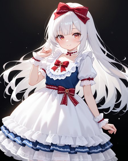Positive: Masterpiece, best quality, amazing quality, very aesthetic, high resolution, ultra-detailed, absurdres,
1girl, solo, 
subanxia,
white hair,red eye,yellow eye,mole under eye, 
blue top white skirt red bow vintage lace dress,
white skirt,short sleeves,puffy short sleeves,frills,wrist cuffs,lace,apron,blue vest,ribbon,red bow,choker,
hair bow,
black_background, standing, cowboy_shot,   
