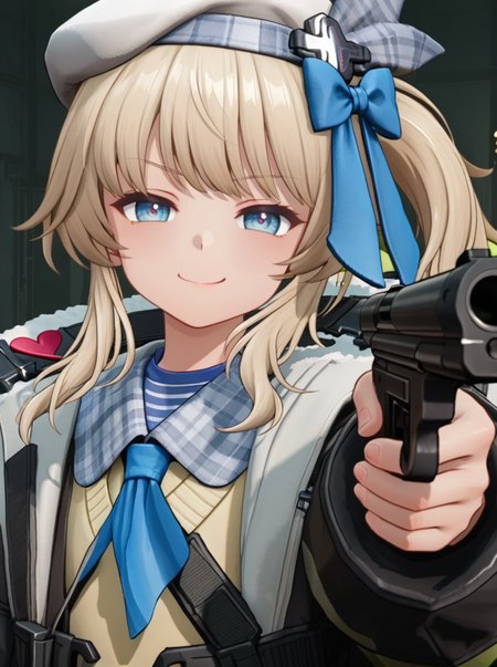 detailed background, posing, rating safe,
<lora:vepley.pony:1>,
vepley, 
 half-closed eyes, smug, 
shotgun, aiming viewer,