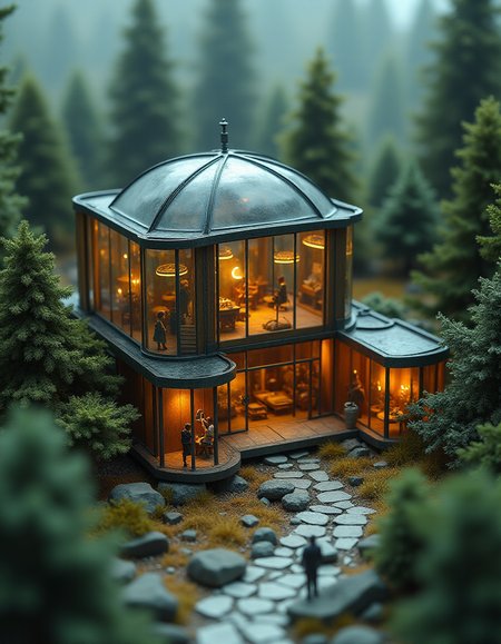 (indoor,very wide isometric view,tilt-shift lens:1.6), (miniature,diorama,no_realistic,no_photo:2) of (stasis _chamber:1.5), glass building