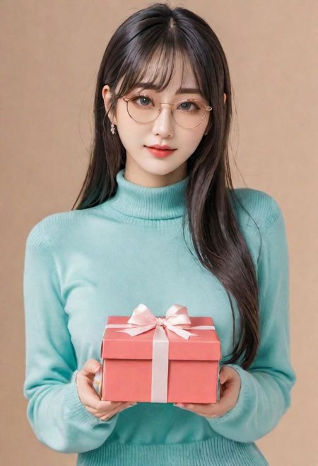 1girl opening gift box, , full of love
parted lips, long hair,  hair between eyes, looking at viewer, bangs,  aqua hair, turtleneck,   glasses