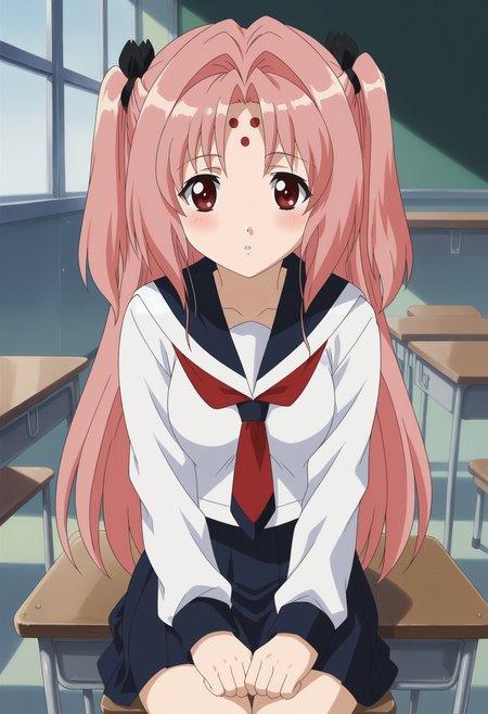 <lora:Miharu_Sena_Kanaka-Girls_Bravo:0.8>,1girl,solo,Miharu Sena Kanaka,pink hair,long hair,two side up,red eyes,forehead mark,hair ribbon,school uniform,serafuku,sitting,on chair,school desk, classroom, looking at viewer, parted lips, light blush,