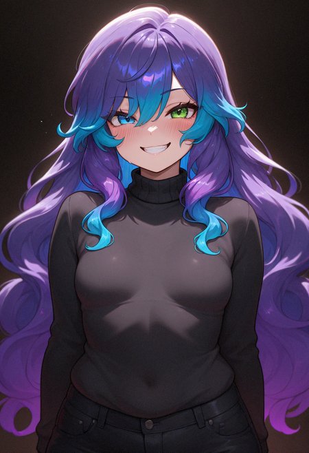 c0pi1ot,masterpiece,best quality,amazing quality,very aesthetic,high resolution,ultra-detailed,absurdres,1girl,dark background,1girl,blue eye,green eye,heterochromia,blue hair,purple hair,two-tone hair,gradient hair,very long curly hair,looking at viewer,covered body,naugty face,blush,evil grin,black sweater,black jeans,small breasts,<lora:MyTrainings\Temp\Slime_Girl_Copilot_Style_IL\Slime_Girl_Copilot_Style_IL_ARZUMATA.safetensors:0.6> <lora:SDXL_Pony_Correctors\Kojimbomber_Body weight slider 2_last.safetensors:3> <lora:SDXL_Pony_Correctors\Goofy_Ai_breasts_size_slider_pdxl_goofy.safetensors:1.0>