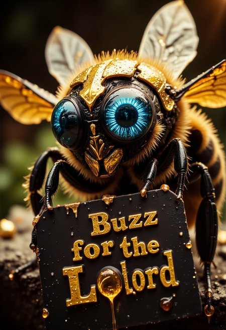 ((Bee carrying a sign "Buzz for the Buzz Lord")), close up of an mecha armored bee, detailed LED bubble eyes, two gold wings, Bioluminescent bee fluff, dripping golden honey drops, dripping liquid gold, golden reflections, , // detailed digital hyper realistic intricate details, HDR, beautifully shot, hyperrealistic, sharp focus, 64 megapixels, perfect composition, high contrast, cinematic, atmospheric, moody<lora:xl_more_art-full_v1:0.3>