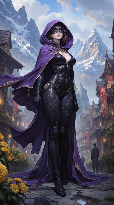 Majestic digital illustration of a fantasy world of might and magic, featuring a mysterious heroine with a masked face under a violet hood in a tight suit and violet cape on the streets of a fantasy city with yellow flowers and banners. Majestic mountains and a castle in the background. Mysterious gothic atmosphere. <lora:ck-shadow-circuit:0.5>
