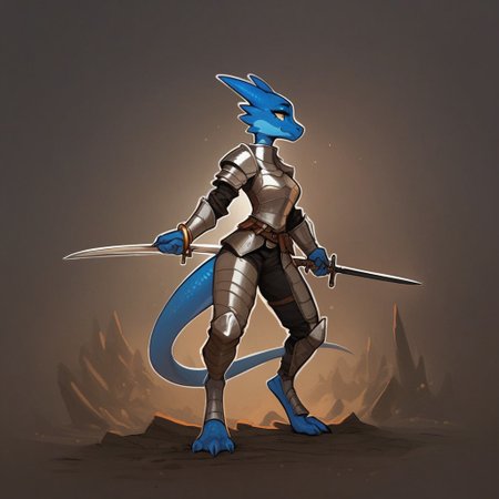 score_9, score_8_up, score_7_up, score_6_up, source_cartoon, black outlines, 1girl, solo, full body, profile, in a cave, blue Kobold, furry dragon, tail, short stature, short, medium breasts, scales, scaly skin, knight armor,  road sword, leather utility belt, bracelets, anklets, cute face, pale blue skin, cowering stance