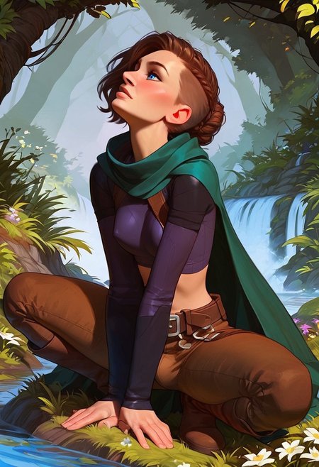 score_9, score_8_up, score_8, score_7_up,
BREAK 1futa, (riza hawkeye, winry rockbell: 0.5), (solo), long medium brown hair, braided like lagertha, (hair shaved on sides), blue eyes, small breasts under clothes, 
BREAK Brown leather pants, long sleeve black tunic , green cloak, 
BREAK side view, crouched by river, hand touching water, Whole body, 
BREAK fantasy setting, forest river, quiet, secluded, small pool, 
BREAK easynegative, Expressiveh, Hand, detailed, perfect, perfection, hands, squat, knee on ground