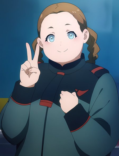 score_9, score_8_up, score_7_up, score_6_up, score_5_up, score_4_up,,  source_anime,
, BREAK, uncensored,
, 1girl,,
 <lora:gwitch_lilique:1> gwitch_lilique_def, forehead, blue eyes, brown hair, chubby, asticassia school uniform, long sleeves, green jacket, black footwear, green shorts, 
upper body, v,
looking at viewer,
blush,
indoor,
smile,