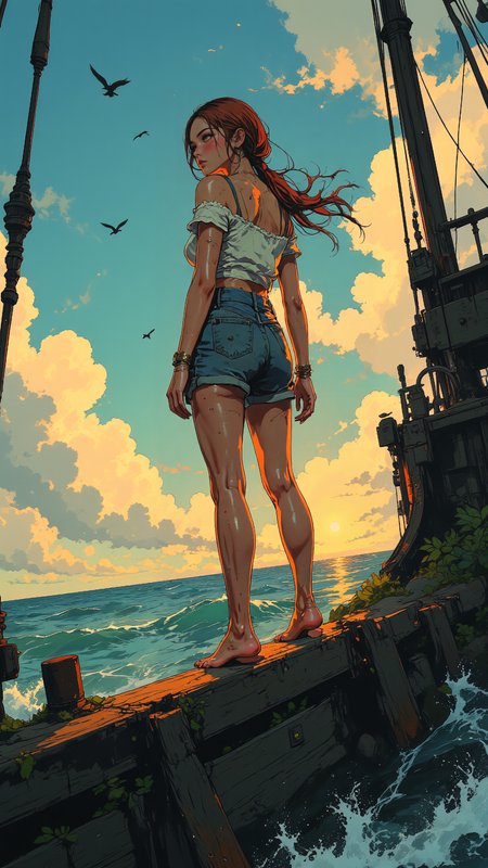 High-resolution semi-realistic anime illustration, crisp black outlines, expressive shading, rich natural lighting. A young woman balances on the slanted railing of a half-sunken wooden shipwreck, her bare feet gripping the damp, weathered planks as gentle waves lap against the hull. Her long, auburn hair is styled into loose, messy twin braids, a few strands sticking to her sun-kissed skin from the ocean breeze. She wears a cropped, off-shoulder top with delicate lace trim, paired with high-waisted linen shorts, the fabric slightly damp from the misty air. Her sharp, amber eyes glimmer with curiosity and quiet nostalgia as she gazes toward the open sea, the golden hues of the setting sun reflecting off the rippling water. Around her, rusted metal beams and broken wooden masts protrude from the wreck, tangled with seaweed and barnacles. Distant seabirds cry overhead, silhouetted against the warm glow of the sky, while the vast ocean stretches endlessly toward the horizon. Painterly deep blues, sunlit golds, and muted teals create a serene, melancholic yet adventurous atmosphere. <lora:Niji_anime_style_flux:0.6> <lora:Vibrantly_Dark_style_v.1:0.8> <lora:PinkieSoftcoreAnimeFLUX:1.0>