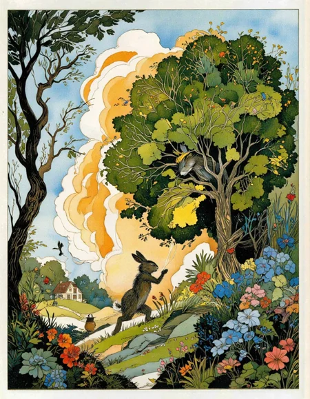 <lora:chzcat:1>, Picture a wacky woodland where trees sway to the rhythm of giggles, flowers bloom in every color imaginable, and thereâs always a pot of golden honey bubbling somewhere nearby. In this magical place, our sneaky rabbit hides behind a GIANT bush shaped like a fluffy cloud while plotting his next prank on the poor unsuspecting bear. Add details about how the wind carries whispers of 'fire!' through the air, making leaves rustle nervously, and birds chirp in confusion